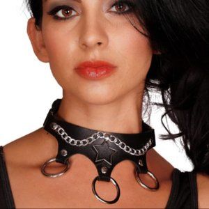Women Black BDSM Kinky Slave Choker Collar Gothic Necklace With Ring Charms